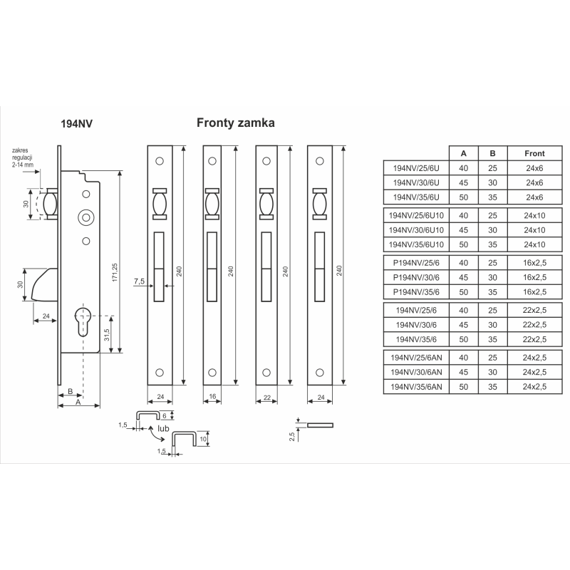 ZAMEK ZASUWKOWO-ROLKOWY ABS FRONT U24X10mm 194NVN/30/6U10